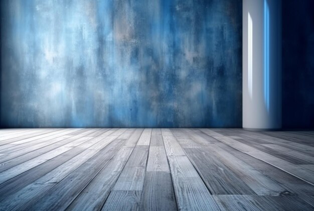 Un primer plano de una habitación con un piso de madera y una pared azul generativa ai