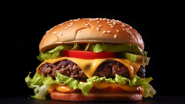 Foto primer plano de una hamburguesa de carne casera en una mesa de madera hamburguesa con queso, lechuga, cebollas, pepinillos, queso cheddar