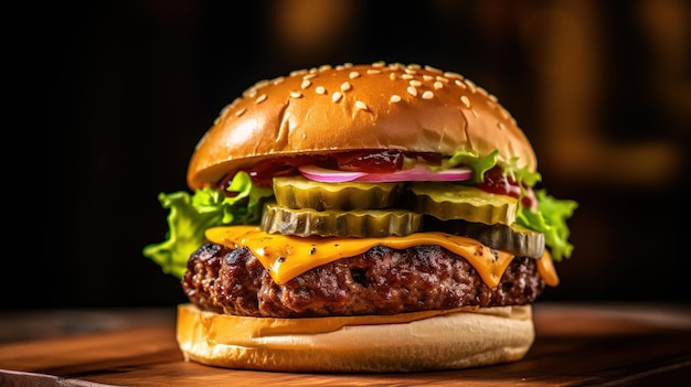 Foto primer plano de una hamburguesa de carne casera en una mesa de madera hamburguesa con queso, lechuga, cebollas, pepinillos, queso cheddar