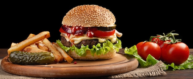 Primer plano de hamburguesa casera con carne de res, tomate, lechuga, queso y papas fritas en la tabla de cortar. Comida rápida sobre fondo oscuro.