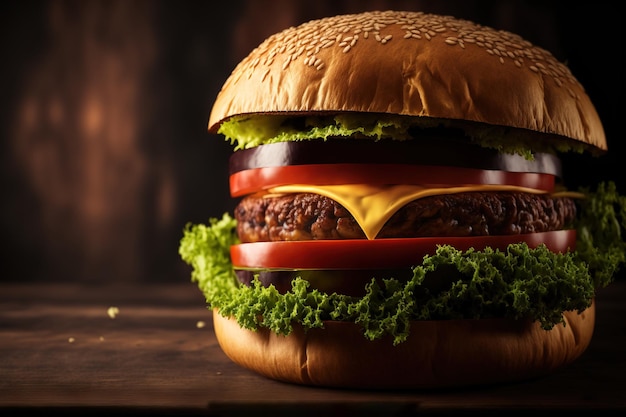 Primer plano de una hamburguesa casera en una mesa de madera con queso de lechuga de tomate de ternera