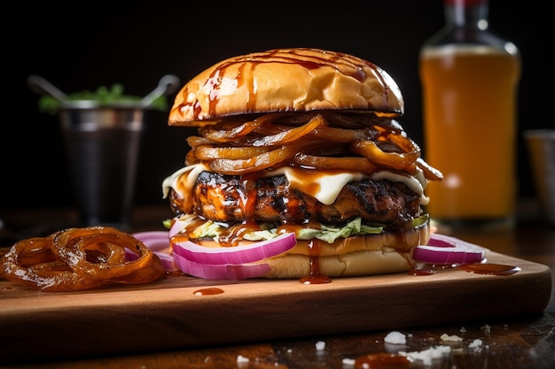 Un primer plano de una hamburguesa de lentejas a la barbacoa con cebollas caramelizadas