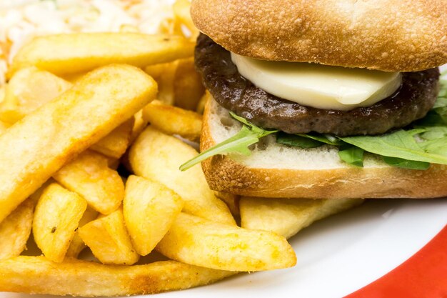 Primer plano de una hamburguesa con papas fritas en el plato