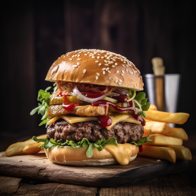 Un primer plano de una hamburguesa y papas fritas en una tabla de cortar ai generativa