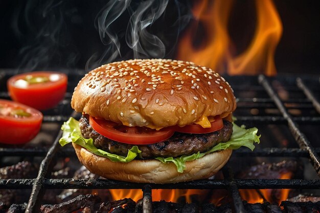 Un primer plano de una hamburguesa a la parrilla en una barbacoa