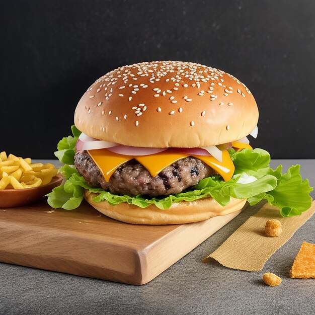 Un primer plano de una hamburguesa en un puesto con una vista frontal con comida chatarra