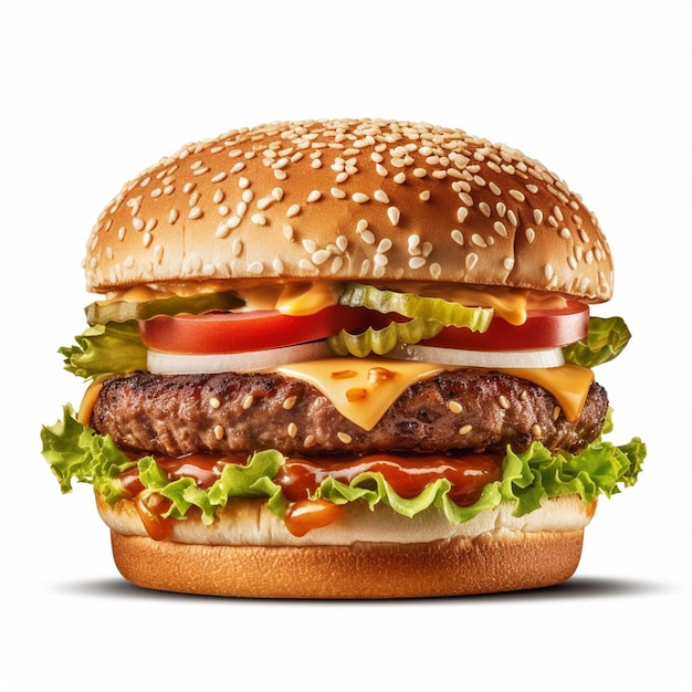 Un primer plano de una hamburguesa con queso con lechuga, tomate y cebolla.