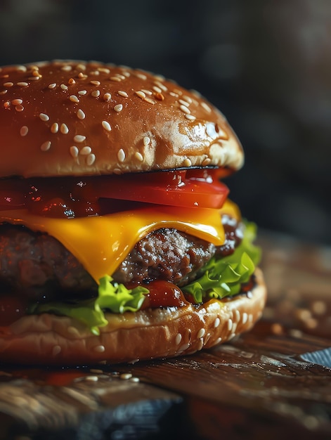 un primer plano de una hamburguesa con queso