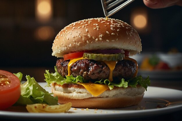 Un primer plano de una hamburguesa siendo chapada con finura