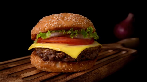 Primer plano de una hamburguesa en la tabla de cortar