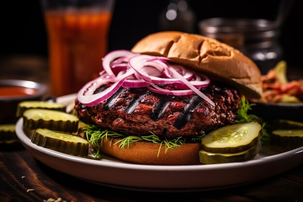 Un primer plano de una hamburguesa de tofu a la parrilla con ensalada de col y pepinillos