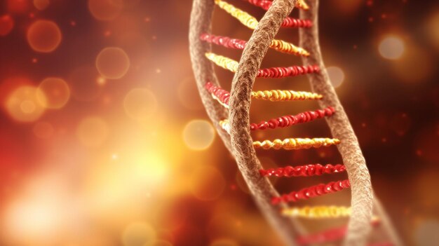 Un primer plano de una hebra de adn con colores dorado y rojo