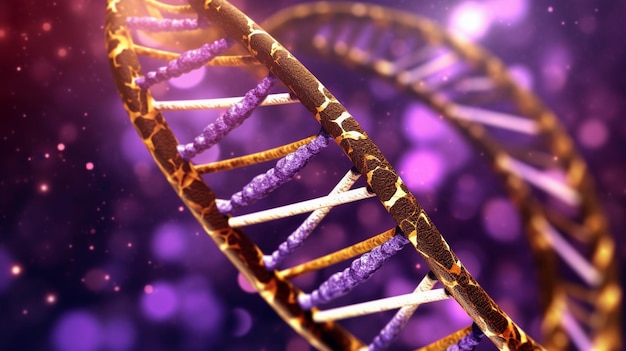 Un primer plano de una hebra de adn con fondo morado