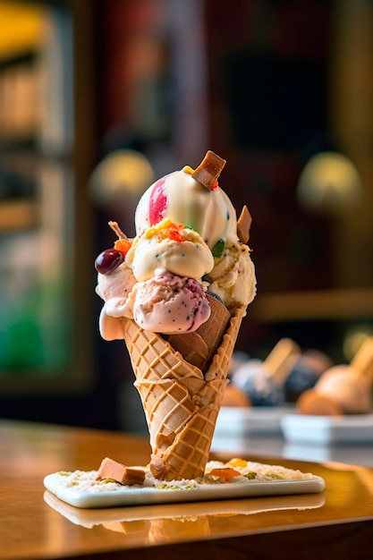 Primer plano de helado artesanal en la mesa en la heladería generado con IA