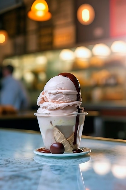 Primer plano de helado artesanal en la mesa en la heladería