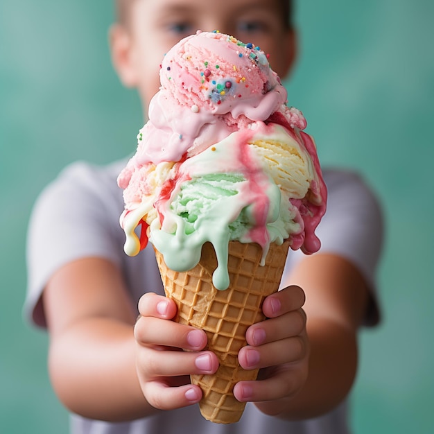 Primer plano de helado colorido en la mano del niño en el fondo