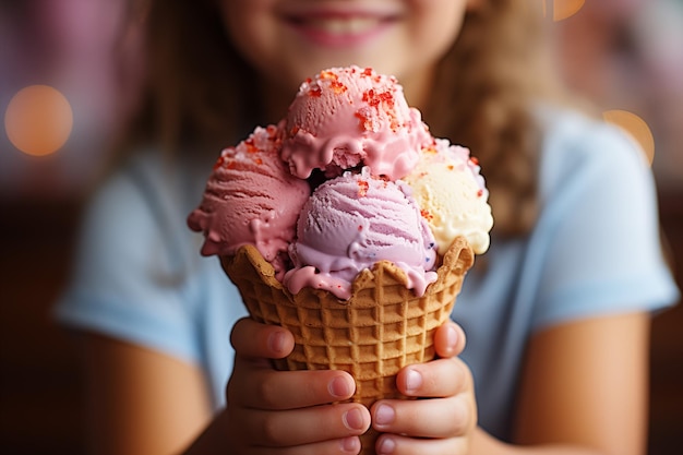 Primer plano de helado colorido en la mano del niño en el fondo