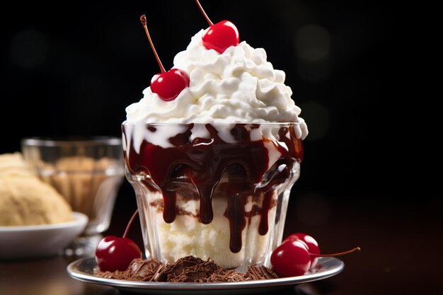 Primer plano de un helado con crema batida de caramelo caliente y una cereza en la parte superior