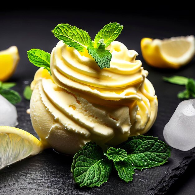 Primer plano de un helado de limón cremoso y cítrico fresco decorado con menta y servido en una pizarra de piedra sobre un fondo negro