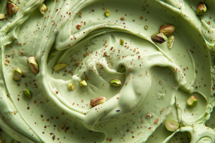 Primer plano de helado de pistacho cremoso con nueces de pistacho picadas que muestran su textura suave y rico sabor