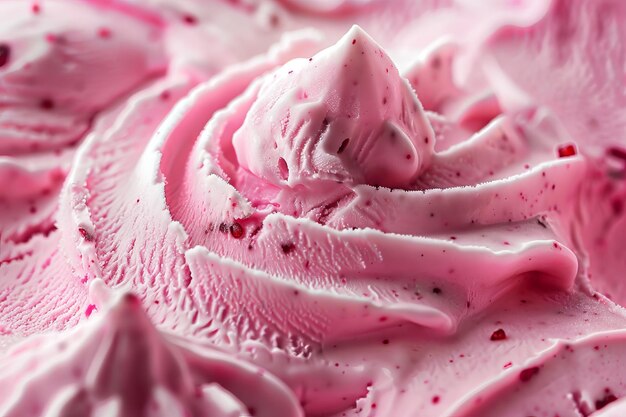 Un primer plano de helado rosa con un remolino en la parte superior