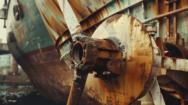 Foto primer plano de la hélice oxidada del barco 39 en el dique seco testimonio de los viajes por mar