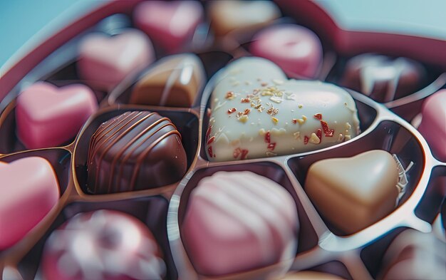 Un primer plano de una hermosa caja de chocolates en forma de corazón en el fondo pastel ai generado