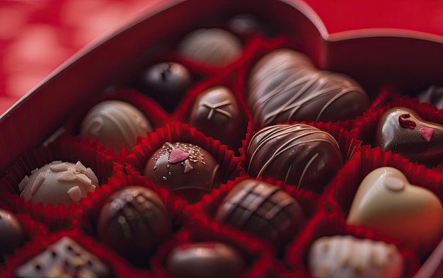 Foto un primer plano de una hermosa caja de chocolates en forma de corazón en el fondo rojo ai generado