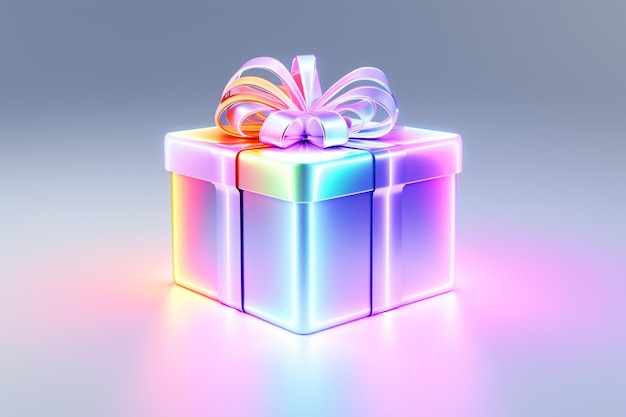 primer plano de una hermosa caja de regalos 3D brillante y brillante en gradiente de colores brillantes y brillantes