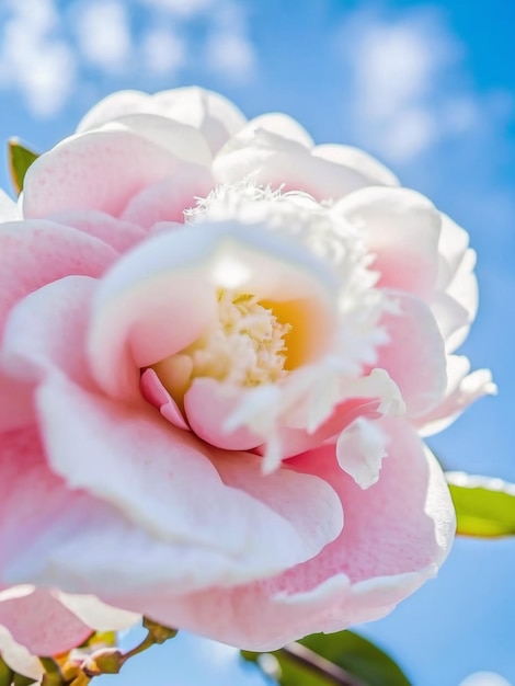 Primer plano de una hermosa camelia rosa floreciente hermoso fondo de cielo AI generativa