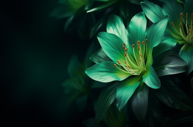 Primer plano de una hermosa flor tropical verde en un fondo oscuro