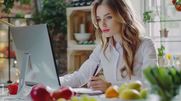 Foto primer plano de una hermosa y inteligente nutricionista que trabaja con la computadora mientras toma notas en la consulta de nutricionista