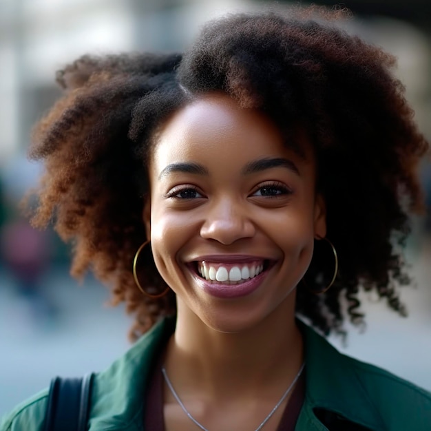 Primer plano de una hermosa mujer afroamericana mirando la cámara generada con IA