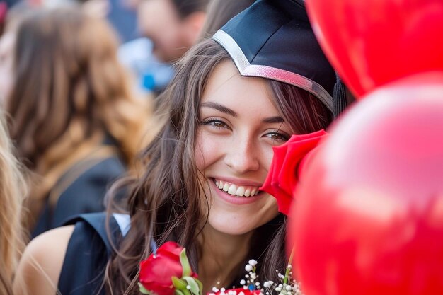 Un primer plano de una hermosa mujer joven con una gorra de graduación con rosas rojas