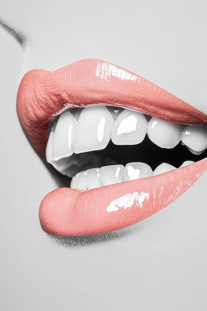 Un primer plano de una hermosa sonrisa con labios rosados brillantes y dientes perfectamente blancos