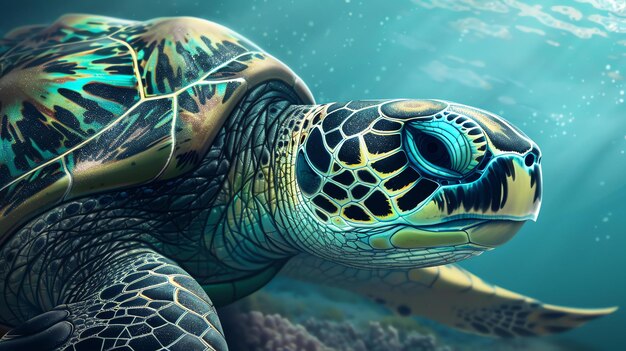 Un primer plano de una hermosa tortuga marina con una concha colorida y una expresión pacífica en sus ojos