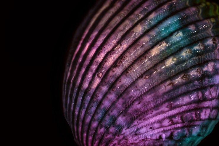 Foto en primer plano hermosas conchas marinas viejas en luz de neón minimalismo concepto de estilo retro fondo patt