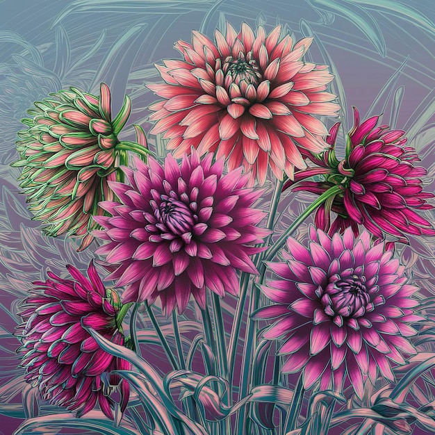 Un primer plano de las hermosas flores de Dahlia dibujando el papel tapiz de beckground