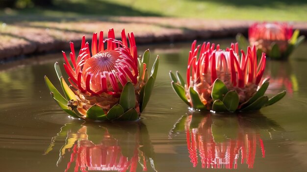 Foto un primer plano de las hermosas flores del fynbos en un estanque