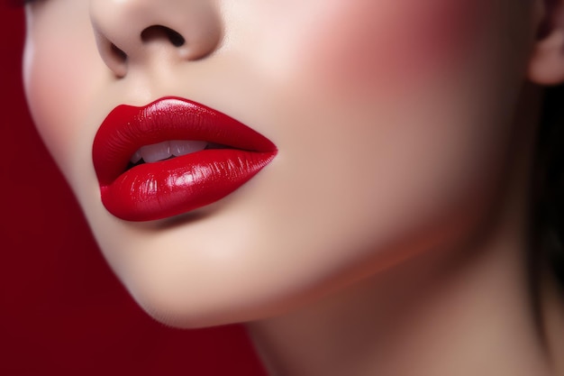 Primer plano hermosas mujeres labios regordetes sexy con lápiz labial rojo Foto macro de detalles de la cara Piel limpia perfecta maquillaje de labios frescos