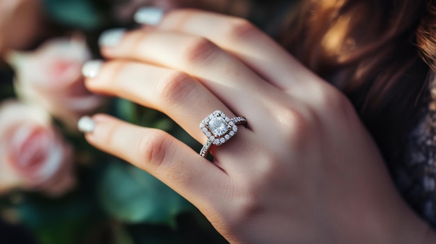 Primer plano de un hermoso anillo de compromiso de diamantes en la mano de una mujer con espacio de copia para el texto