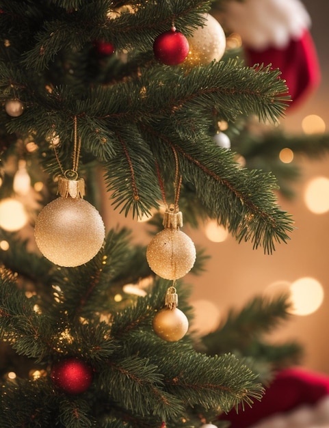 Primer plano de un hermoso árbol de Navidad sobre un acogedor papel tapiz de fondo borroso