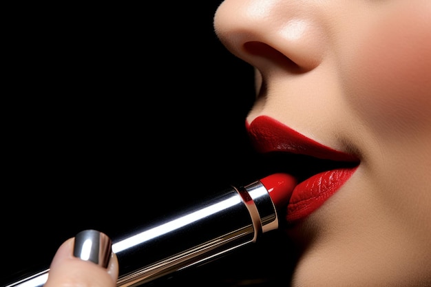 Primer plano hermoso atractivo glamoroso labios de moda chica femenina mujer bonita aplicando color brillante
