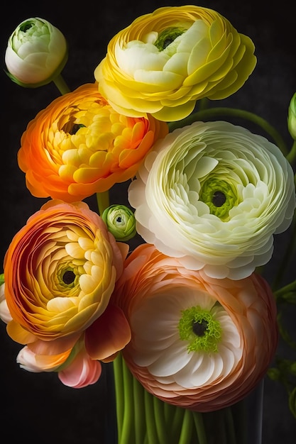 Un primer plano de un hermoso y brillante ramo de flores Ranunculus AI generativa