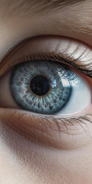Un primer plano de un hermoso ojo azul con un iris blanco y claro, una fotografía macro de súper resolución del futuro.