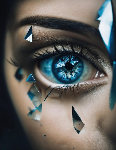Primer plano de un hermoso ojo femenino con efecto de vidrio roto Imagen de fantasía ai generativa