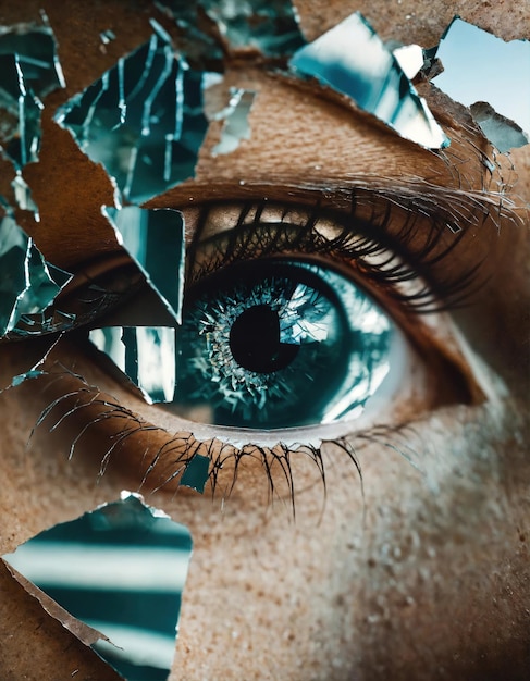 Primer plano de un hermoso ojo femenino con efecto de vidrio roto Imagen de fantasía ai generativa