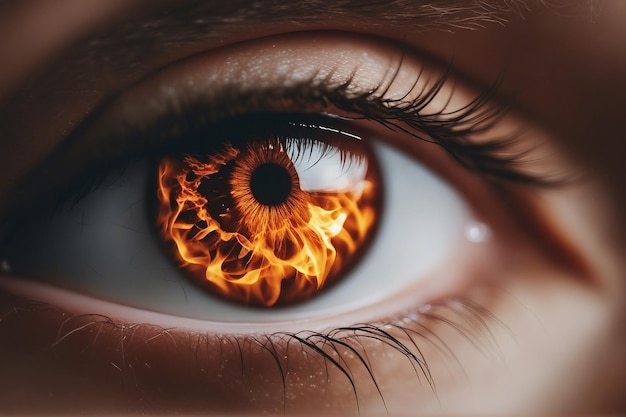 Un primer plano del hermoso ojo de una persona femenina Ardiendo fuego brillante en el iris del ojo