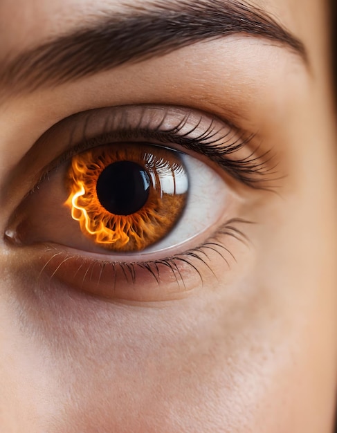 un primer plano hermoso ojo de una persona femenina quemando fuego brillante en el iris del ojo