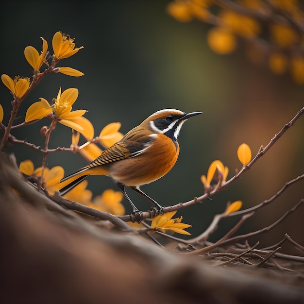 primer plano de un hermoso pájaro en una rama con flores amarillas en otoño generativo ai